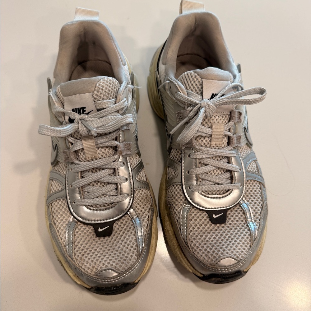 Nike V2K Metallic Silver and Cream Sneakers